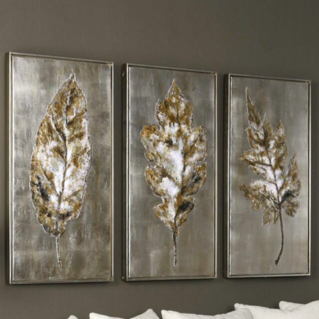 - UTTERMOST 35334 CHAMPAGNE LEAVES WALL ART SET OF 3 ACRYLIC PAINTING
