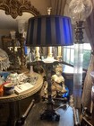 Vintage French Empire Bouilotte Table Lamp w/ Blue Striped Shade Tall 3 Lite 35” — photo 3