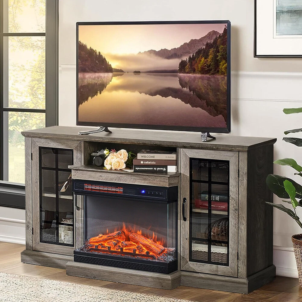 Large Retro Cabinet Entertainment TV Stand Unit w Electric Fireplace Living Room