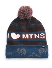 The North Face Unisex Ski Tuke Pikes Blue/Brown Pom Beanie One Size NWT