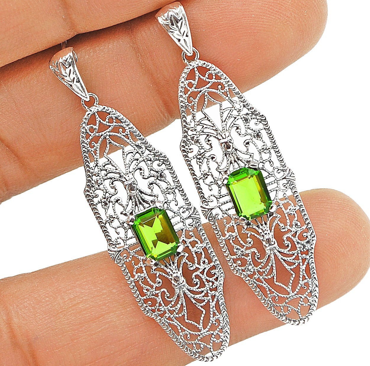 2CT Natural Peridot Sterling Silver Edwardian Style Earrings FP1