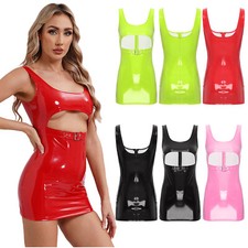 Women's Sexy PU Leather Bodycon Dress Sleeveless U Neck Cut Out Dress Clubwear