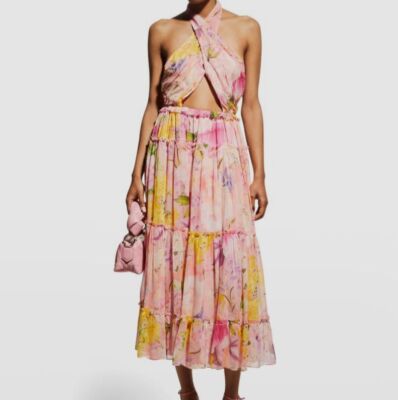 $495 Rococo Sand Women's Pink Floral Crossover Halter Open-Back Midi Dress  Sz XL | eBay