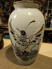 Tonala  Mexican Mexico Folk Art Pottery Vase Tuscan  Blue Flowers 8x4"