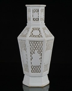 Large Antique Chinese Blanc de Chine White Reticulated Hexagonal Vase 18th C