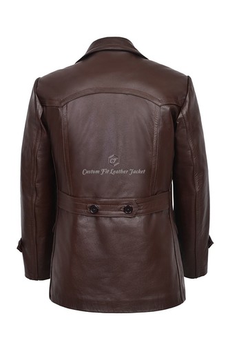 Men's Cowhide Real Leather Coat Brown WW2 Inspired Double Breasted Style Dr Who - Picture 2 of 9