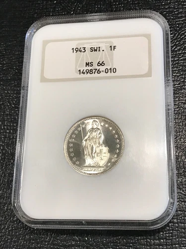 RARE IN FATTY HOLDER-NGC MS66 1943 SWITZERLAND SILVER 1 FRANC COIN-FEB17