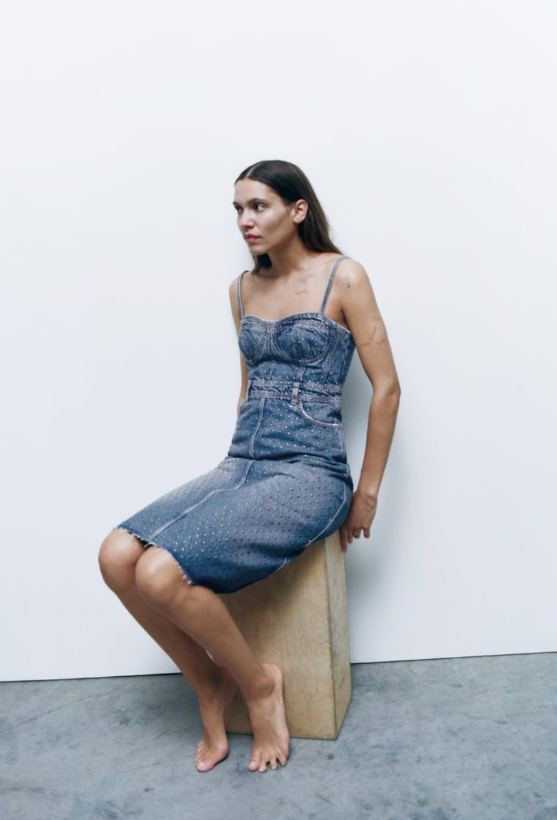 Zara Blue Studded Denim Bustier Corset Dress Size XS Midi Denim Dress |  eBay UK