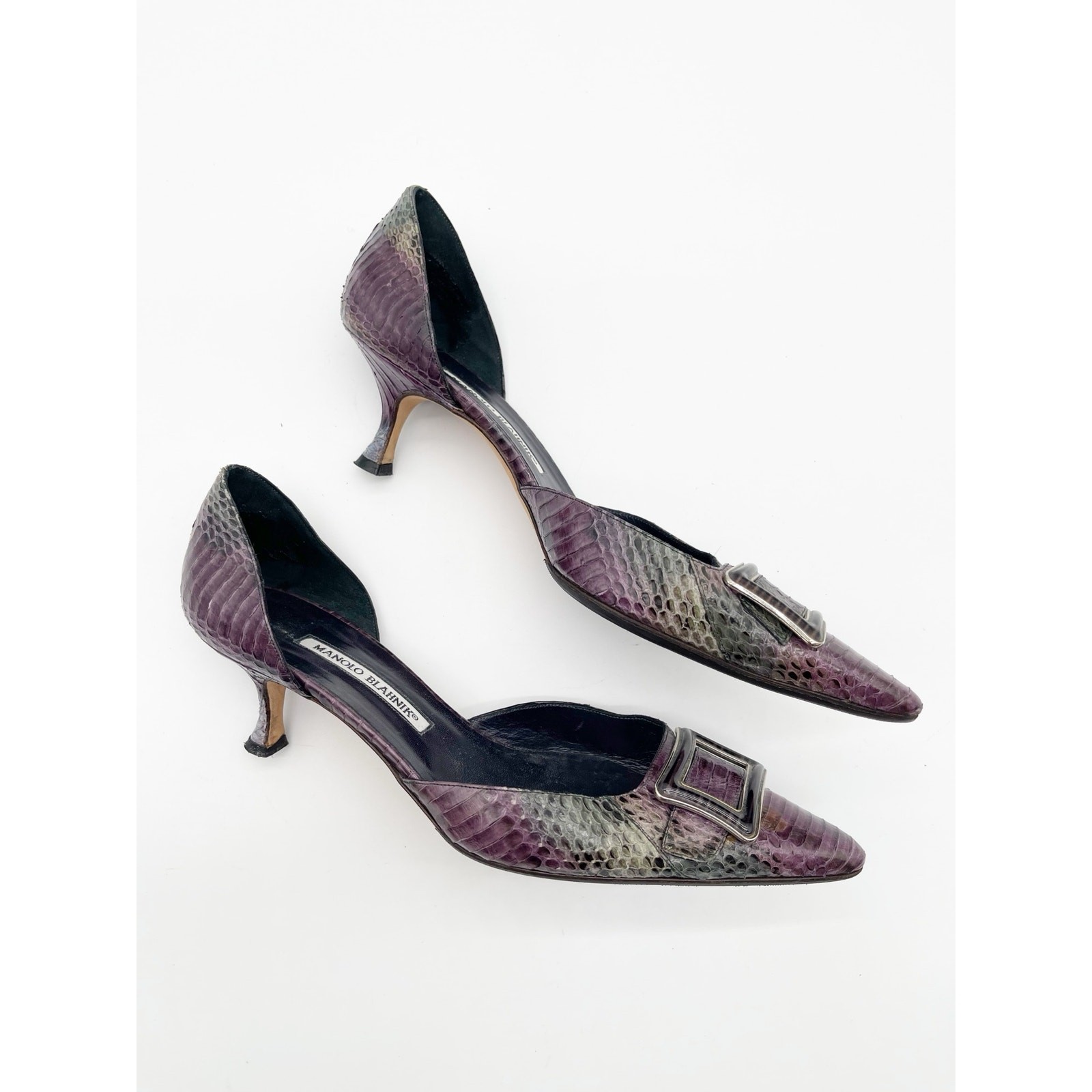Manolo Blahnik Vintage Purple Gray Python Snakeskin Buckle Kitten Heels IT 41 image 4