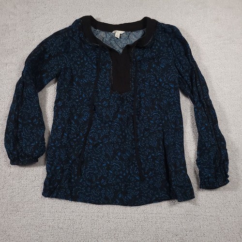 Cato Shirt Women's Small Blue Floral Long Balloon Sleeve V Neck Tunic Boho