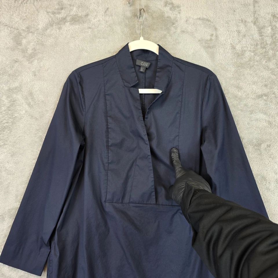 COS Dress Womens 10 Navy Long Sleeve V-Neck Mandarin Collar Minimalist Shift - Image 3 of 4