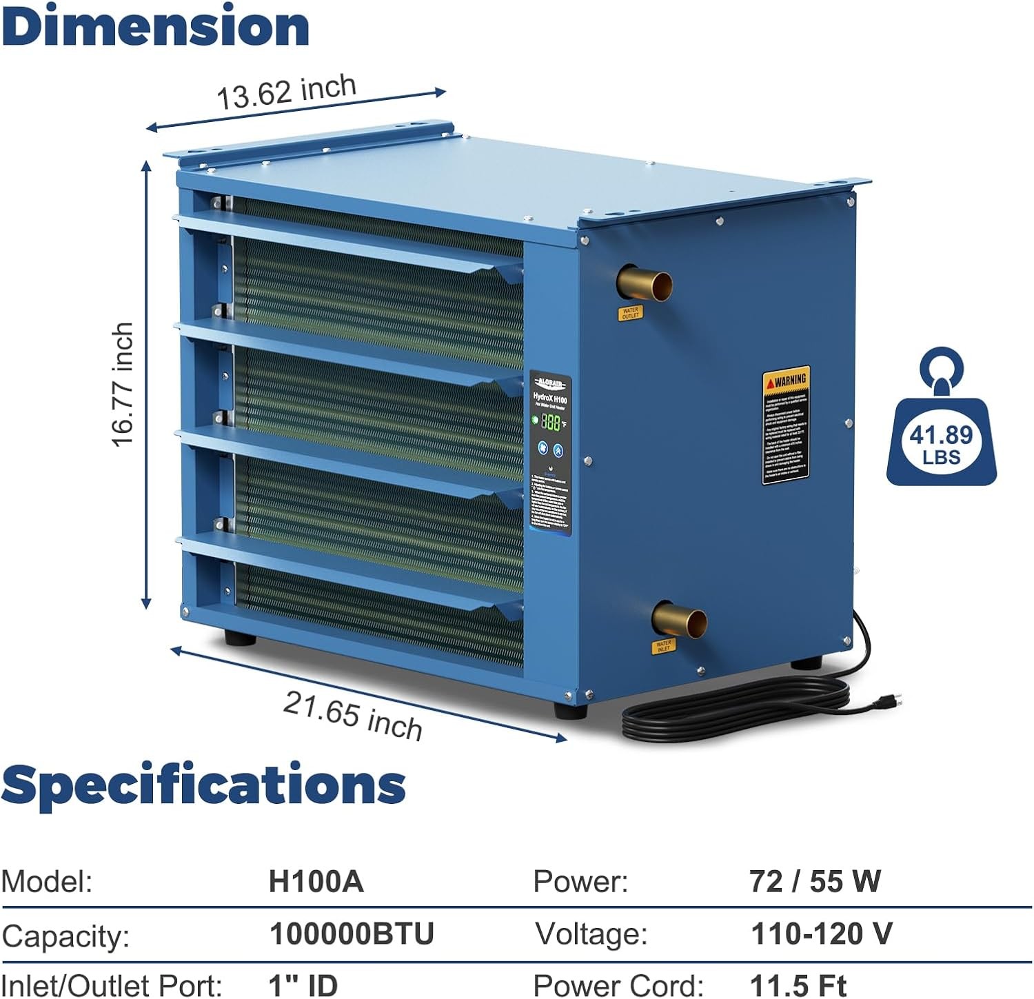 ALORAIR 100,000 BTU 온수기용 수냉식 공기열교환기, HydroX H100A 2