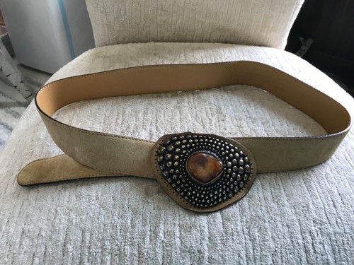 VINTAGE VITANUOVA ITALIAN LEATHER/SUEDE BRUTALIST BRASS AGATE BUCKLE MCM 4688 - Picture 4 of 12
