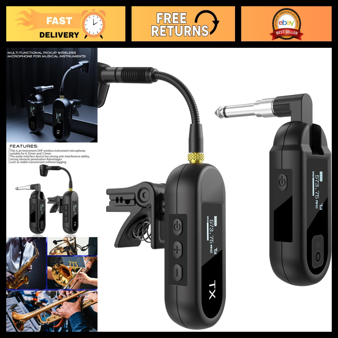 Wireless UHF Clip-On Saxophone Microphone System, Rechargeable 100 Ft Range, EQ
