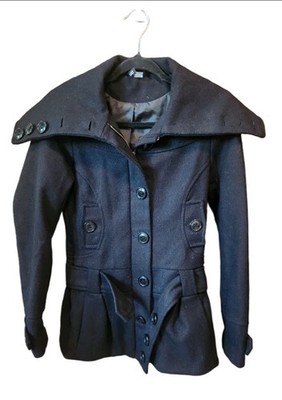 Women Y2K  Black Belted Sz 4 Pea Coat Casual Preppy WoolJacket Lined Long Sleeve