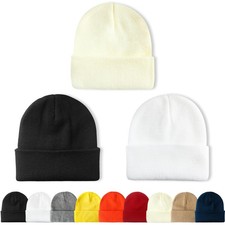 3 Pack Unisex Knit Beanie Hats for Men Women - Winter Black, White, Beige