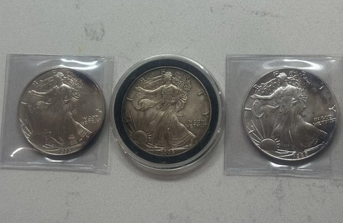 3 Amazing Toned On Both Side American Silver Eagle 1oz Coins 1998, 1993, 2005 BU
