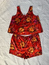 Vintage Victorias Secret Floral Satin Tank Shorts Pajama Set Size Large Silk