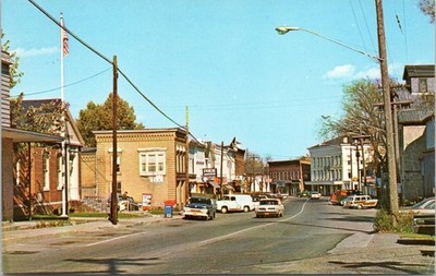 Main Street, Honeoye Falls, New York - c1960s Chrome Postcard- Old Stone Mill