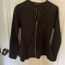 Fitted Black Gold Zipper Front Blazer With Peplum