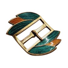 Antique Art Deco Green  Orange Guilloche Enamel Belt Buckle
