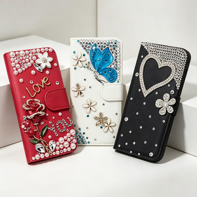 Cute Women Magnetic Leather Bling Sparkly Rhinestone Card Flip Wallet Phone Case
