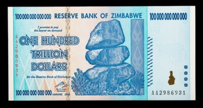 #ad 2008 100 TRILLION DOLLARS RESERVE BANK OF ZIMBABWE AA UNC 10 Bill Zim Free $129.99