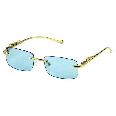 Small Rectangle Rimless Mens Womens Sunglasses Gold Leopard