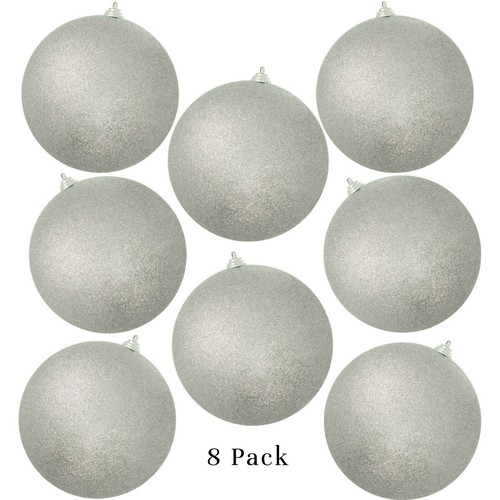 Shiny Silver Glittered Christmas Ball Ornaments Extra Large 8in Diameter 8 Set