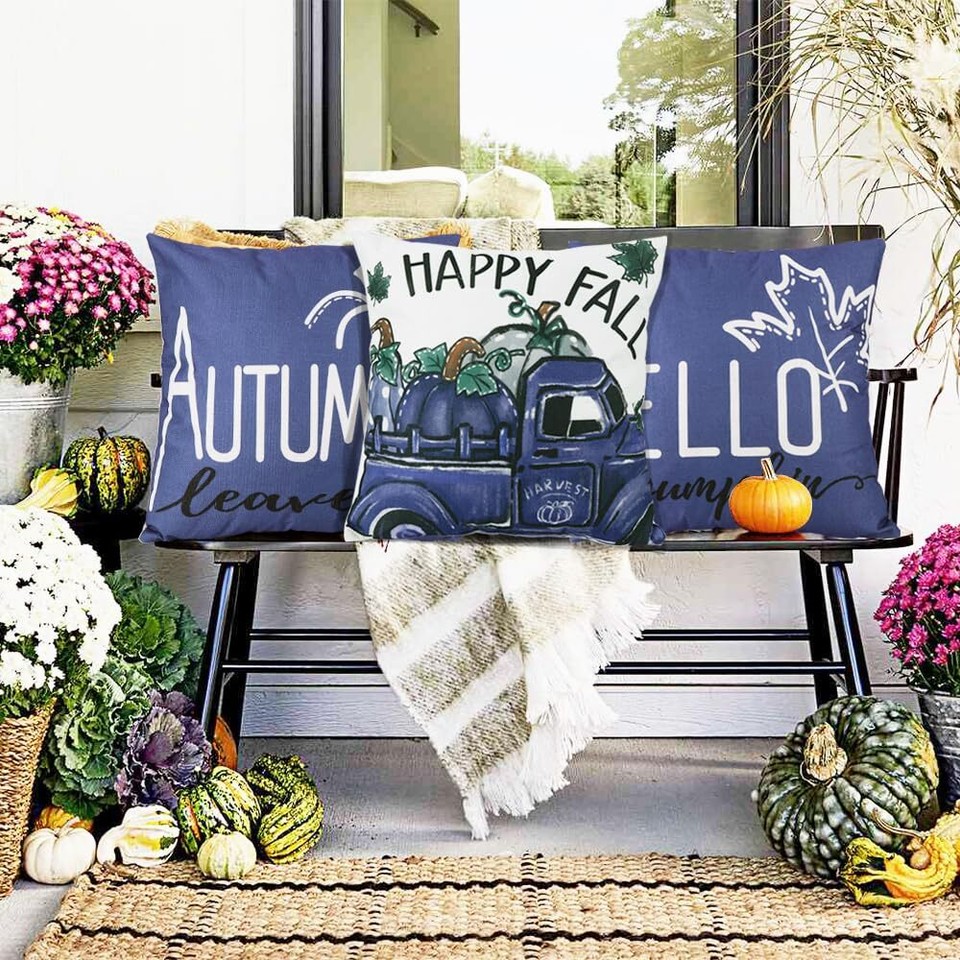 Fall Pillow Covers 18x18 Set of 4, Polka Dots Blue Purple Pumpkins