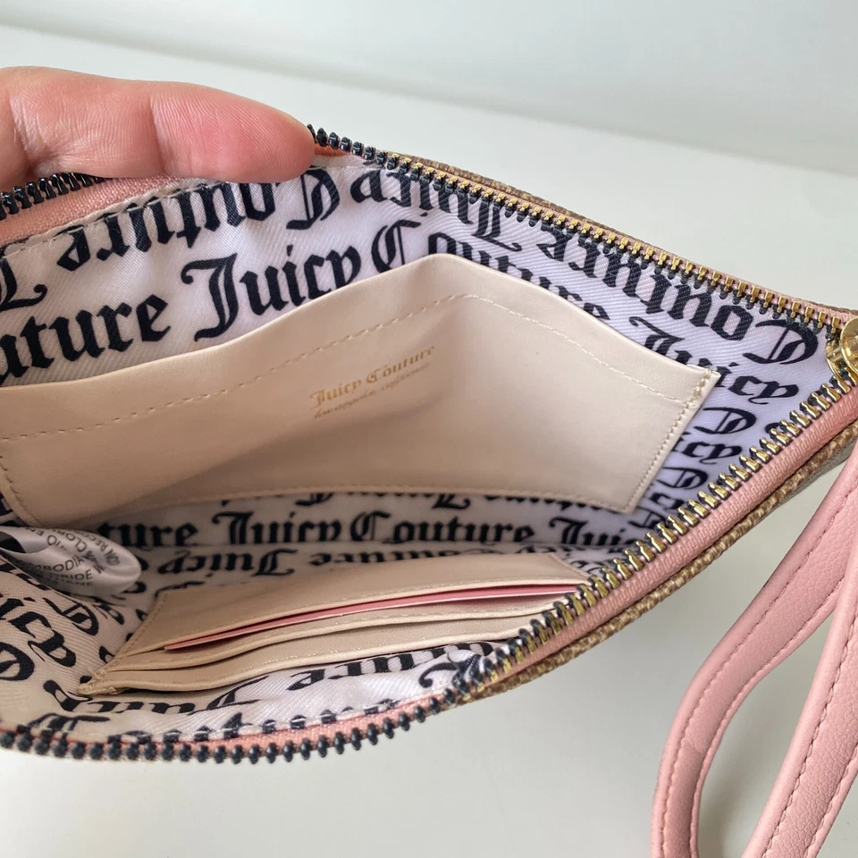 Cartera sin asas vintage Juicy Couture y2k cremallera marrón rosa estampado corazón dorado Foto 3 de 4