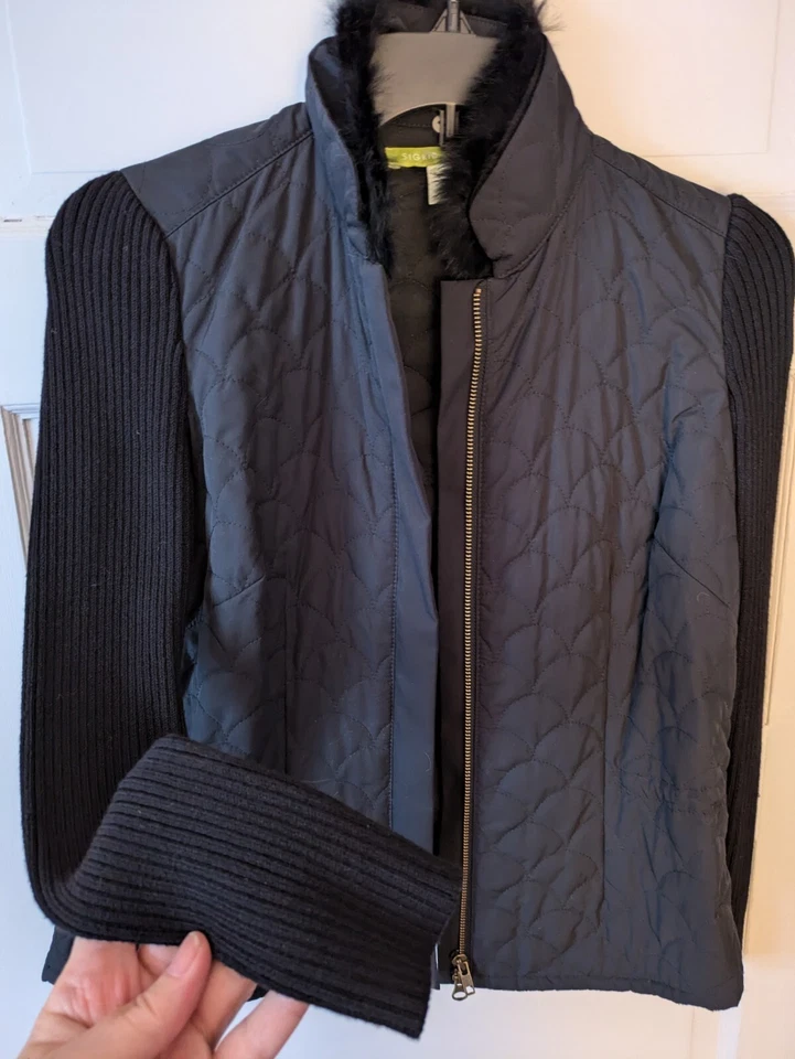 Chaqueta Sigrid Olsen Talla P Negra Acolchada Cremallera Completa Desprende Cuello de Piel de Conejo Genuino Foto 4 de 4