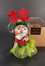 Glass Cat Christmas Ornament in Tutu w/Light Strand  Antlers Whiskers  Co NEW