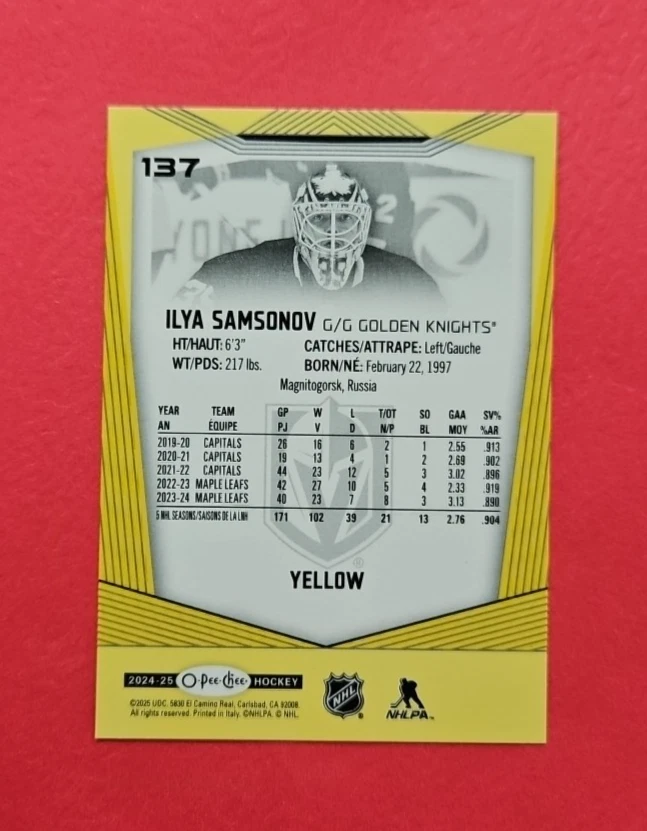 Ilya Samsonov Toronto Maple Leafs - 2024-25 O-Pee-Chee - Yellow Parallel - #137 - Image 2 of 2