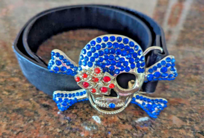 Red & Blue Rhinestone Skull & Crossbones Buckle with Black  display picture 2