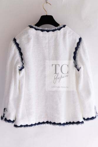 CHANEL 12C White Blue Black Line Trim Cut Pile Jacket by Karl Lagerfeld 40 42 - Picture 8 of 24
