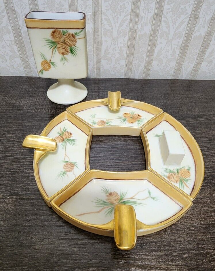 porcelain cigarette holder Vtg Japan Porcelain Cigarette Holder & 4 Piece Ashtray Gold Pinecones porcelain cigarette holder Vtg Japan Porcelain Cigarette Holder & 4 Piece Ashtray Gold Pinecones