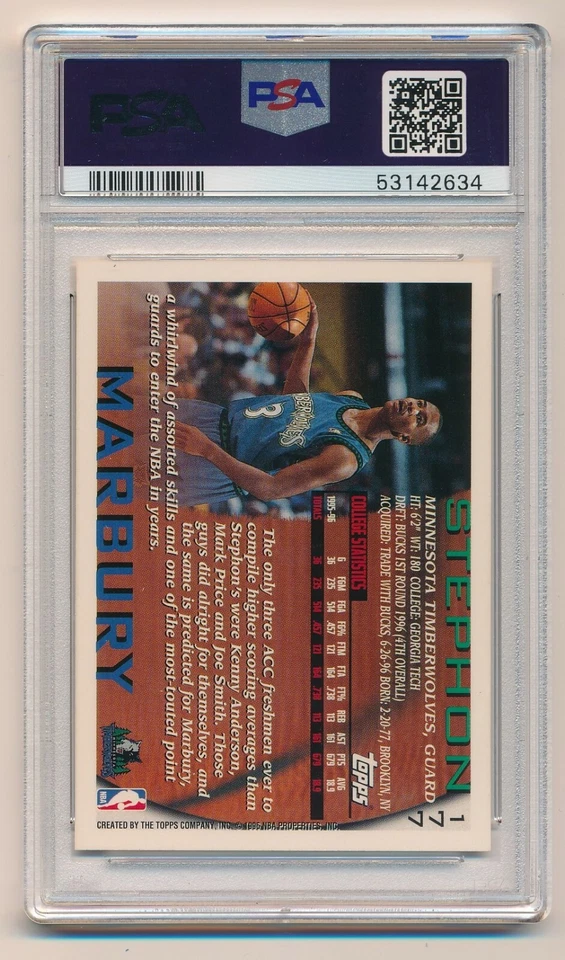 1997 Kenner Starting Lineup SLU Stephon Marbury Rookie #177 PSA 10 Gem Mint - Image 2 of 2