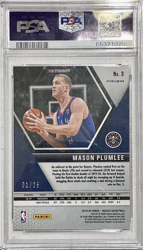 2019 Panini Mosaic #3 Mason Plumlee NBA Orange Fluorescent #1/25 PSA 10 Gem Mint - Image 4 of 4
