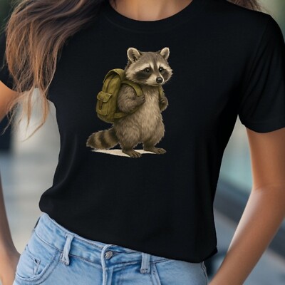 Women Raccoon Backpack Print Cotton T-Shirt Size S to 3XL