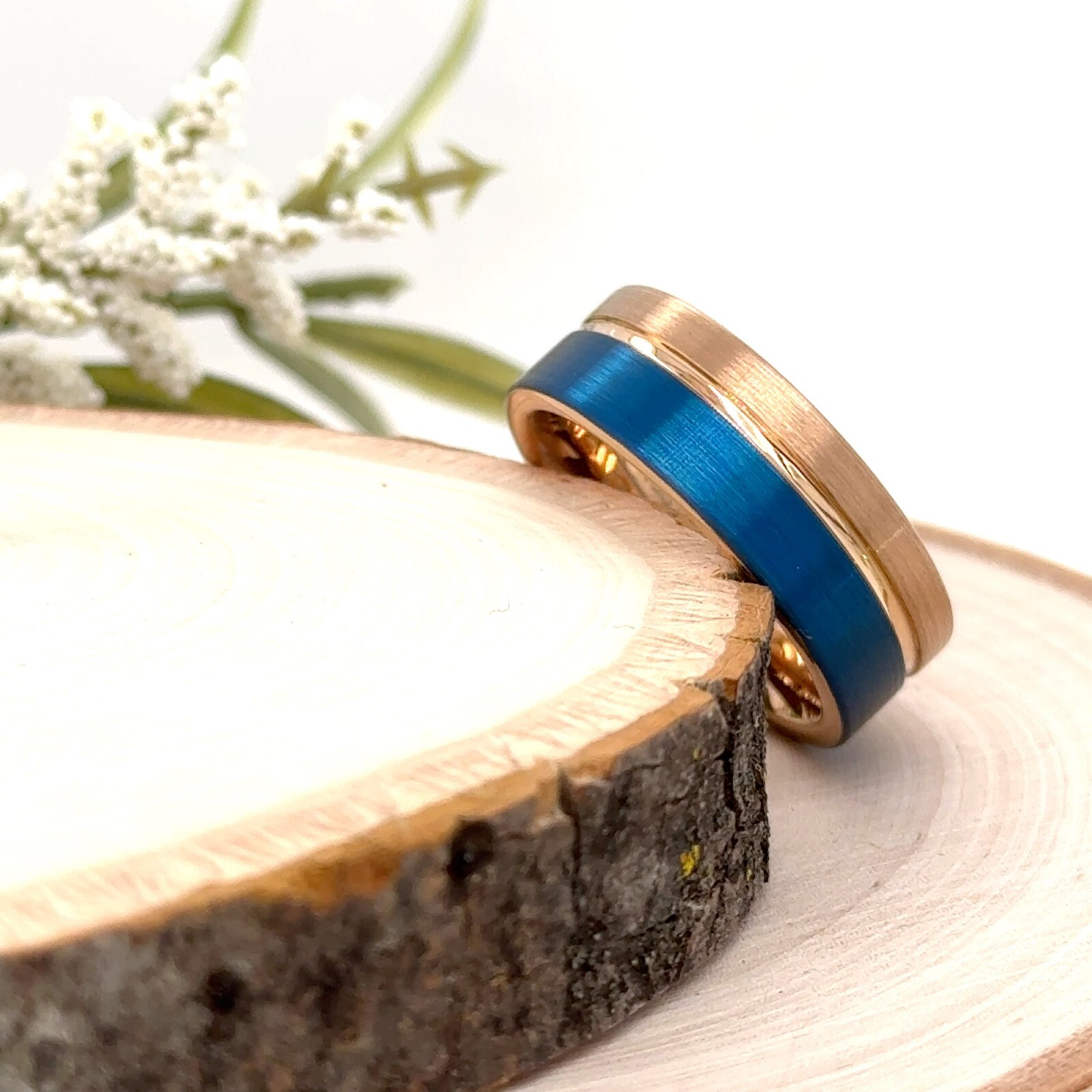8mm Rose Gold & Blue Ion Plated Pipe Cut Tungsten Ring High Polished Edges Band