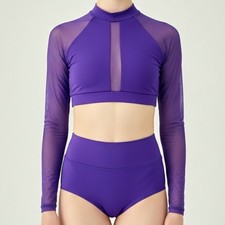 Baltogs Purple High Neck Mesh Long Sleeve Crop Top High Waisted Briefs Dance Set