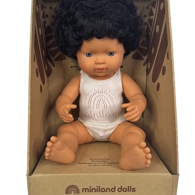 Miniland Educational Baby Doll Caucasian Boy Black Curly Hair 15 Inch