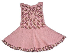 Vintage 1980s Crocheted Pink  Brown Girl's Jumper Sleeveless Dress - Handmade