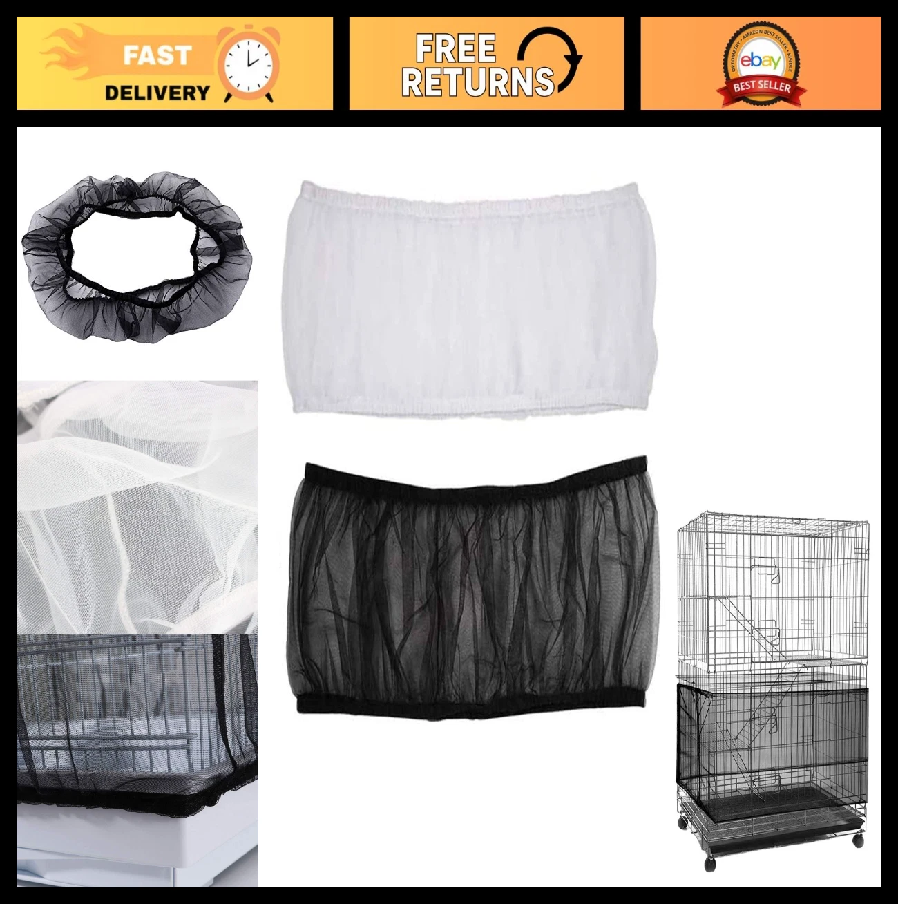 Universal Bird Cage Seed Catcher Cover - 2 Pack, Dust-Proof Mesh Net XL, Black &