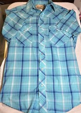 Wrangler Western Shirt Mens Small Aqua Plaid Pearl Snap Short Sleeve WM224TQ