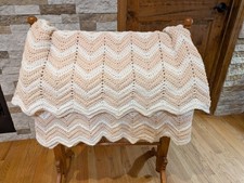 Handmade Crochet Chevron Throw Blanket Beige White Large 54" x 52" Vintage