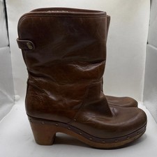 UGG Lynnea Clog Boots Shoes Brown Leather Foldover Sheepskin Heel Womens 8