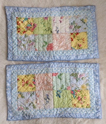 The Company Store 2 King Pillow Shams Quilted Flowers Floral Blue Trim Patchwork