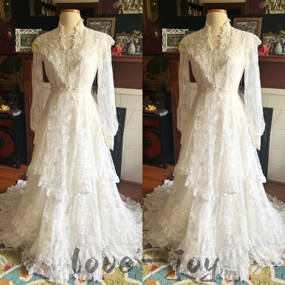 Vintage Medieval Wedding Dresses Victorian Long Sleeves High Neck Bridal Gowns - Image 3 of 4